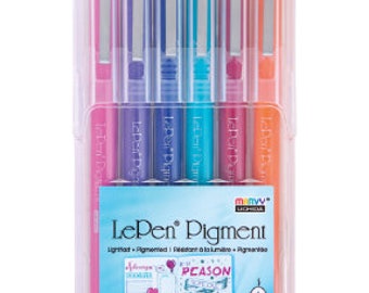 May include: A set of six LePen Pigmenti lightfast, pigmented markers in a clear plastic case. The markers are in the colors pink, purple, blue, turquoise, light pink, and orange.