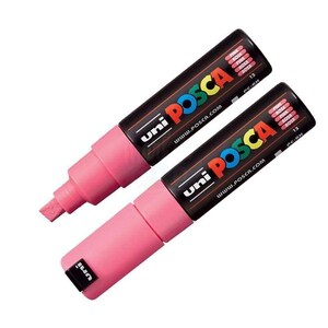 May include: Two pink Uni Posca paint markers with black caps and labels. The labels have the brand name, website address, color name, and number 13.