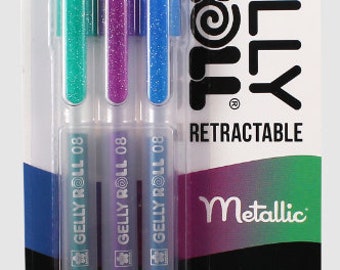 May include: Three retractable gel pens with metallic ink in turquoise, purple, and blue. The pens are labeled "Gelly Roll 08" and feature the text "The Original Gel Ink" and "Gelly Roll Retractable Metallic".