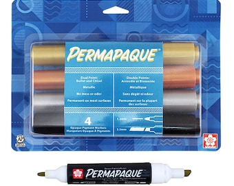 May include: A pack of four metallic permanent markers with dual point tips. The markers are gold, copper, silver, and black. The packaging is blue and features the brand name "PERMAPAQUE" and product details. The text on the packaging reads "Dual Point: Bullet and Chisel Metallic, No mess or odor, Permanent on most surfaces, 4 Opaque Pigment Markers, 1.2mm, 5.5mm".