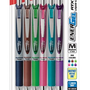May include: A pack of six Pentel EnerGel RTX liquid gel pens. The pens are in a variety of colors, including blue, brown, green, pink, teal, and purple. The pens have a medium point (0.7 mm) and are labeled "Smoothest Writing Ink".