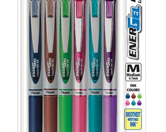 May include: A pack of six Pentel EnerGel RTX liquid gel pens. The pens are in a variety of colors, including blue, brown, green, pink, teal, and purple. The pens have a medium point (0.7 mm) and are labeled "Smoothest Writing Ink".