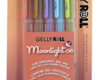 May include: A pack of five Gelly Roll Moonlight 0.3 mm fine line gel pens. The pens are in a variety of colors, including peach, gold, lavender, blue, and green. The packaging features a crescent moon and stars design. The original gel ink writes on dark paper.