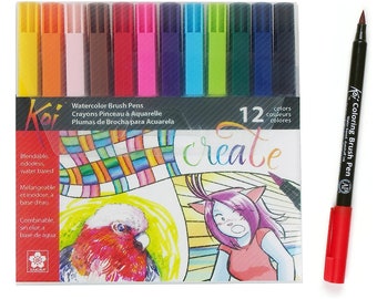 May include: A set of 12 Koi Watercolor Brush Pens in a clear plastic package. The pens are in various colors, including yellow, orange, pink, purple, blue, and green. The packaging features illustrations and the word "create". A single red pen is shown to the right.