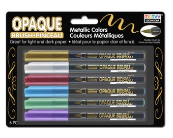 May include: A package of six Opaque Brush pens in metallic colors. The pens have flexible brush tips and are designed for use on light and dark paper. The colors include gold, silver, red, blue, green, and purple.
