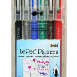 May include: A set of six Le Pen Pigment fineliner pens in a clear plastic case. The pens are black, blue, green, red, brown, and turquoise. The case has a label that says "Le Pen Pigment" and "Lightfast - Pigmented - Resistant to Smudging - Archival - Non-toxic".