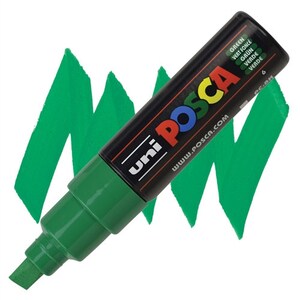 May include: A green Uni Posca paint marker with the text "Uni Posca" and "www.posca.com" on the side. The marker has a black cap and a green barrel. The text "Green, Vert fonc&eacute;, Gr&uuml;n, Verde, Verde" is printed on the cap.