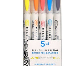 Zebra Mildliner Double-Ended Brush Pen Set of 5, Friendly Colors