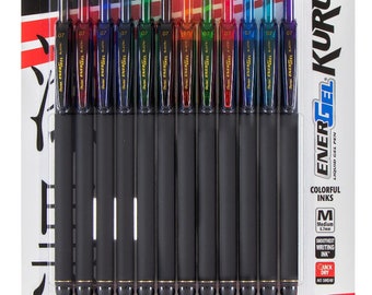 May include: A pack of 12 Pentel EnerGel Kuro liquid gel pens with colorful inks. The pens are black with gold accents and have a medium 0.7mm tip. The ink is quick-drying and smear-proof.