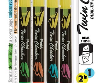 Pentel Twin checker Dual-Tip Highlighter, Chisel Tip 4 Pack