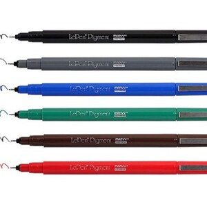 May include: Set of six Le Pen Pigment markers with black, grey, blue, green, brown, and red ink. The markers have a silver cap and a black barrel with the brand name printed on the side.