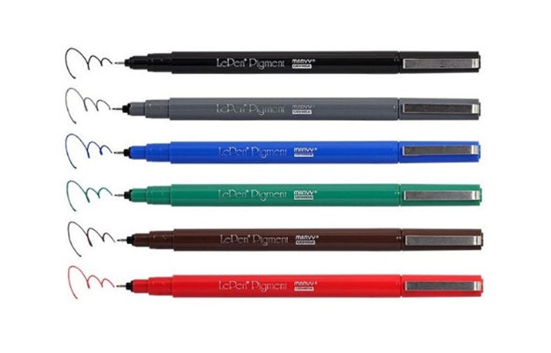 May include: Set of six Le Pen Pigment markers with black, grey, blue, green, brown, and red ink. The markers have a silver cap and a black barrel with the brand name printed on the side.