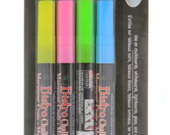 May include: A pack of four Bistro Chalk Markers in yellow, pink, green, and blue. The markers are packaged in a black and red plastic wrapper with the text "Bistro Chalk Marker" and "Marqueur Craie" printed on it. The wrapper also includes the text "4pc".