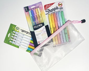 May include: A clear mesh pencil case with a pink zipper and a variety of colorful pens and highlighters. The pens and highlighters are in two separate packages, one with the brand name "Sharpie" and the other with the brand name "Gelly Roll".