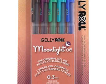 May include: A pack of five Sakura Gelly Roll Moonlight 0.3 mm gel pens. The pens are in a variety of colors, including brown, purple, green, blue, and teal. The ink is designed to write on dark paper. The packaging features the Gelly Roll logo and the text "Moonlight 06".