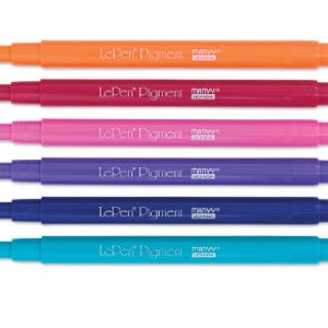 May include: Six LePen Pigment markers in different colours: orange, red, pink, purple, blue, and turquoise. The markers have a black cap and a white label with the text "LePen Pigment" and "manvy" printed on them.