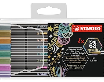 May include: A pack of eight Stabilo Pen 68 metallic markers. The markers are in a clear plastic case with a hanging hole. The markers are black with metallic colored tips. The colors are silver, gold, blue, green, pink, purple, copper, and bronze. The text on the packaging reads "Premium metallic fibre-tip pen for creative design on dark paper."  "Premium metallic -  Flüstigt für kreatives Gestalten auf dunkles Papier."  "Feutre métallisé de qualité - idéal sur papiers foncés."  "8x Pen 68 metallic"  "M 1.4 mm"