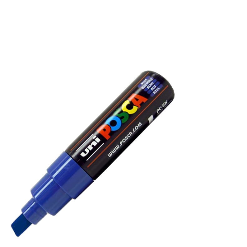 May include: A blue Uni Posca paint marker with a black cap and white label. The label says "Uni Posca" and "www.posca.com". The cap has the text "Black Noir/Schwarz/Nero/Noir/Zwart/Negro/Nero/Czarny/Preto/Black" in multiple languages.