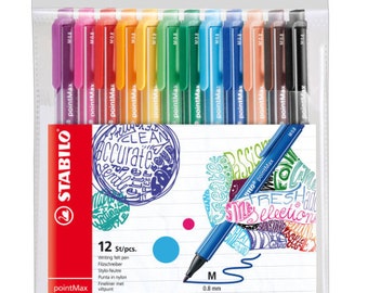 STABILO pointMax - Stylo d'écriture à pointe en nylon, pochette de 12 - Couleurs assorties