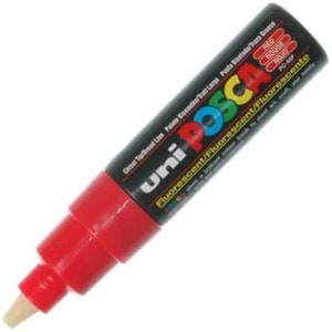 May include: A red Uni Posca paint marker with a chisel tip. The marker is labeled "Fluorescent/Fluorescent/Fluorescente" and "PC-S".
