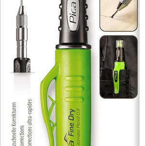May include: A green and black automatic pencil with an integrated eraser. The pencil is labeled "Pica Fine Dry Longlife Automatic Pencil 0.9". The pencil is 0.9 mm and has a green cap. The packaging is green and black and has the text "Innovative Marking Tools" and "NEU NEW NOUVEAU".