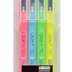 May include: A pack of four LePen neon highlighters in a clear plastic case. The highlighters are pink, blue, green, and yellow. The packaging features the LePen logo and the text "Neon Colors - Couleurs Neon".