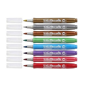May include: Set of ten water-based metallic markers with brush tips. The markers are labeled "Artline Decorite Metallic Colour". The colors are gold, silver, copper, green, blue, purple, red, pink, and two shades of brown.