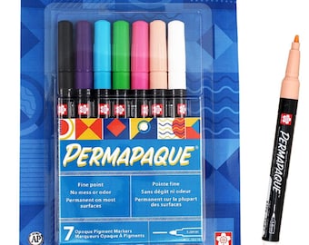 May include: A pack of 7 Sakura Permapaque opaque pigment markers with fine point tips. The markers are in a variety of colors, including black, purple, blue, green, pink, peach, and white. The packaging features the brand name and a description of the markers in English and French.