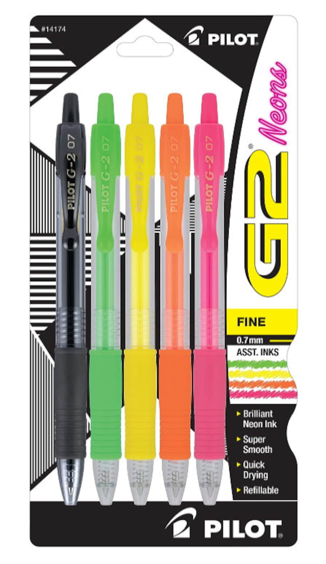 Pilot G2 Neon Gel Pen, Retractable, 5/pack 