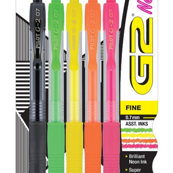 Pilot G2 Neon Gel Pen, Retractable, 5/Pack