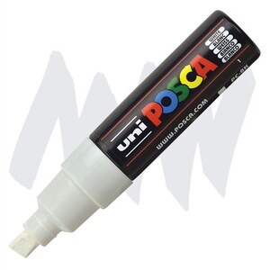 May include: A white Uni Posca paint marker with a black cap and a white tip. The marker has the text "Uni Posca" and "www.posca.com" printed on the side. The text "White, Blanc, Wei&szlig;, Bianco, Blanco" is printed on the cap.