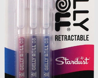May include: Three retractable gel pens with a silver barrel and a clear cap. The pens are labelled "Gelly Roll 08" and feature a pink, blue, and purple ink colour. The packaging is black and white with the text "Gelly Roll Retractable Stardust Glitter Colours".