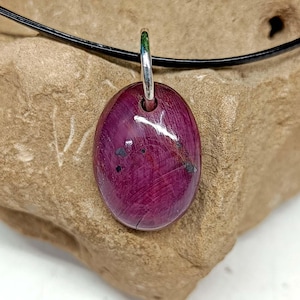 Natural Ruby Pendant Necklace: 925 Silver, Leather Cord