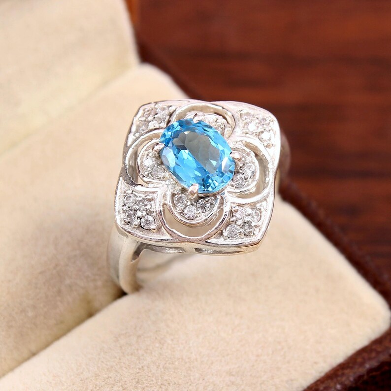 Details about / Natural Blue Topaz Handmade Sterling Silver Statement Cocktail Ring for Women