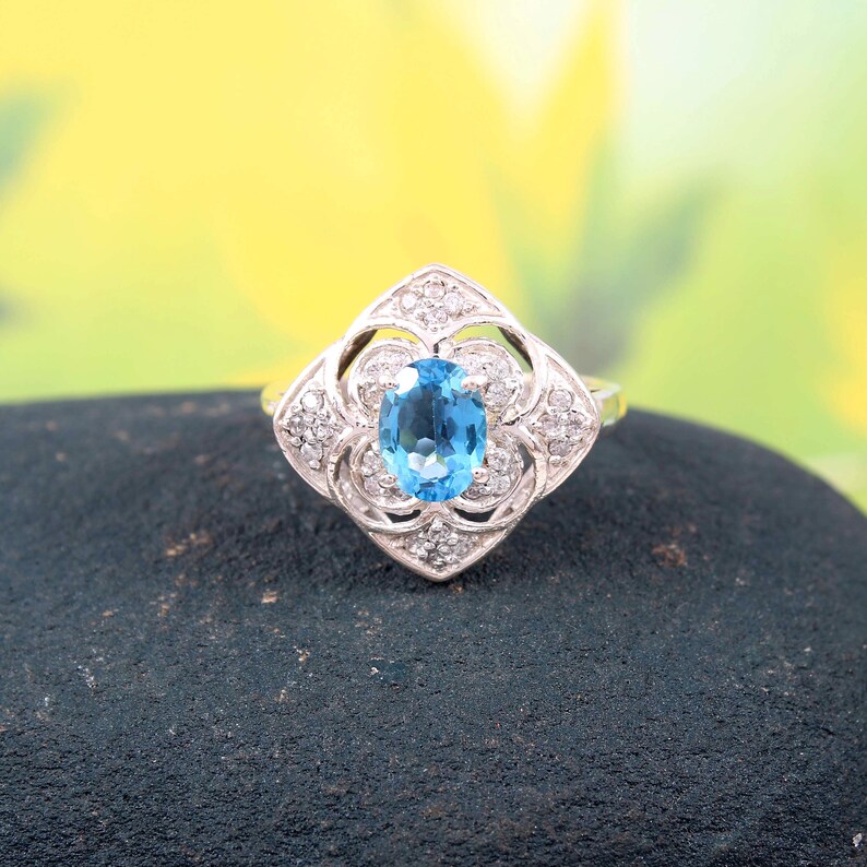 Details about / Natural Blue Topaz Handmade Sterling Silver Statement Cocktail Ring for Women