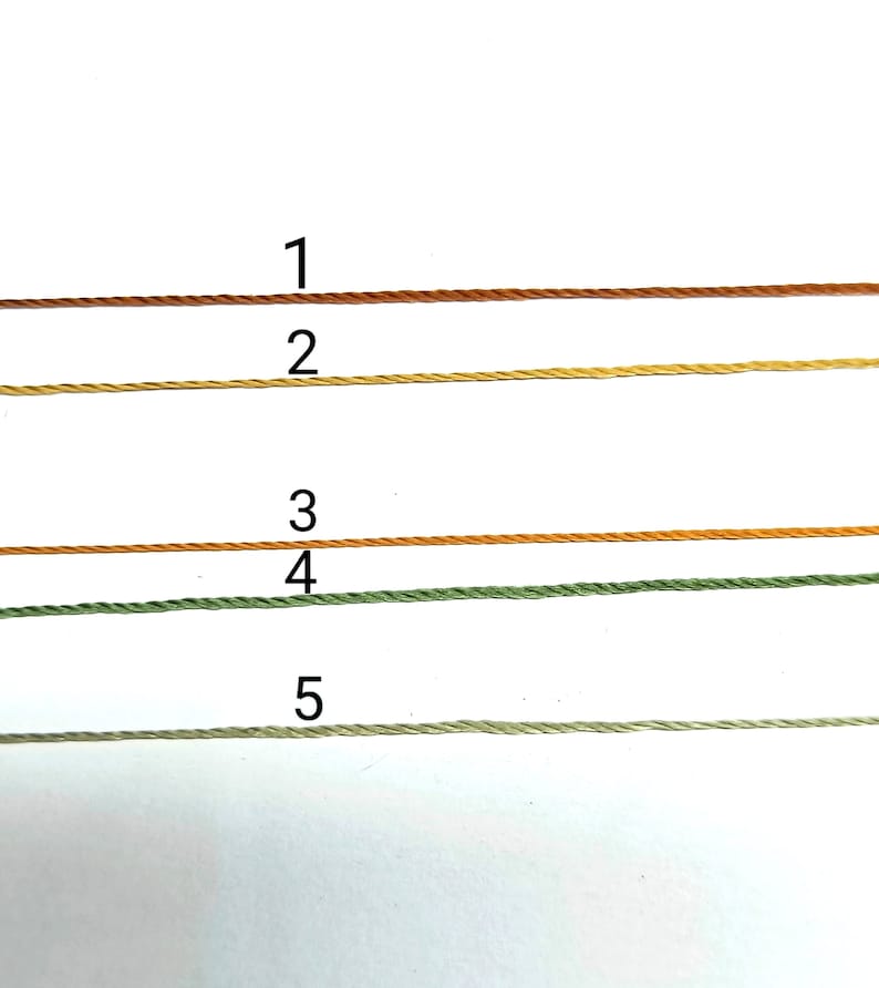 Pode incluir: Close-up de cinco fios de linha de bordar em v&aacute;rias cores. As cores incluem castanho, amarelo, laranja, verde e verde claro. Cada fio &eacute; numerado de 1 a 5.