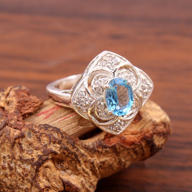 Details about / Natural Blue Topaz Handmade Sterling Silver Statement Cocktail Ring for Women