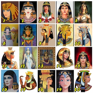 Peut inclure: Un collage de 20 images représentant des femmes portant des coiffures et des bijoux élaborés, rappelant la royauté égyptienne antique. Les images sont disposées en grille, chaque image présentant un style différent de coiffure et de bijoux.