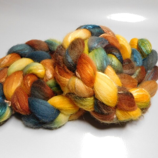 BFL y Tussah Silk, teñido a mano, itinerante, parte superior peinada, para hilado, fieltro, 4 onzas