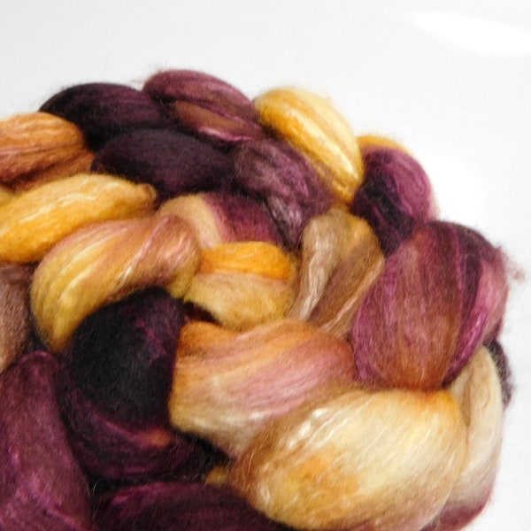 18.5 Micron Merino, Alpaca, Camel, and Mulberry Silk, Hand Dyed, Roving, Combed Top, for Spinning, Felting, 4 ounces