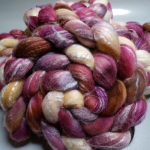 Rambouillet, Pearl Fiber, and Tussah Silk, Hand Dyed, Roving, Combed Top, for Spinning, Felting, 4 ounces, Custom Fiber Base