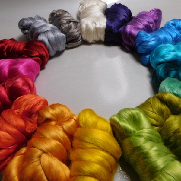 Grade A Mulberry Silk, Dyed and Natural, 17 Colors, Combed Top, Roving, for Spinning, Felting, Crafting