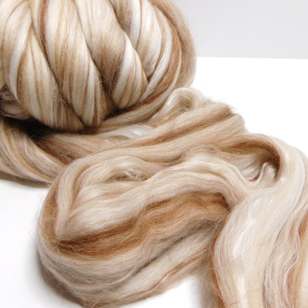 18.5 Micron Merino, Brown Alpaca, Camel, and Mulberry Silk, Luxury Fiber, Undyed, Bare, Combed Top, Roving, for Spinning, Felting, 4 ounces