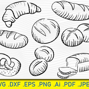 May include: A set of nine black and white line drawings of various bread types, including a croissant, a baguette, a pretzel, and round loaves.