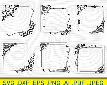 May include: A collection of black decorative frame corners in various ornate designs. Each corner features swirling lines, floral elements, and geometric shapes. The image includes file type extensions: .SVG, .DXF, .EPS, .PNG, .Ai, .PDF, and .JPEG.