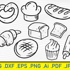 Bakery Svg, Pastry Svg, Bakery food Svg, Bread Svg, Buns Svg, Baking clipart, Baguette bread Svg, Homemade Svg, Silhouette Cameo, Eps, Dxf