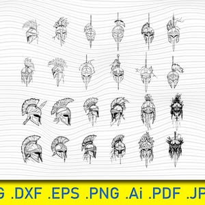 24 種類の異なるスパルタのヘルメット、ヘルメットのスケッチ、スパルタのヘルメット、剣闘士、ギリシャの歴史、剣、ヘルメットのロゴ、クリップアート、ベクターの剣闘士、シルエット