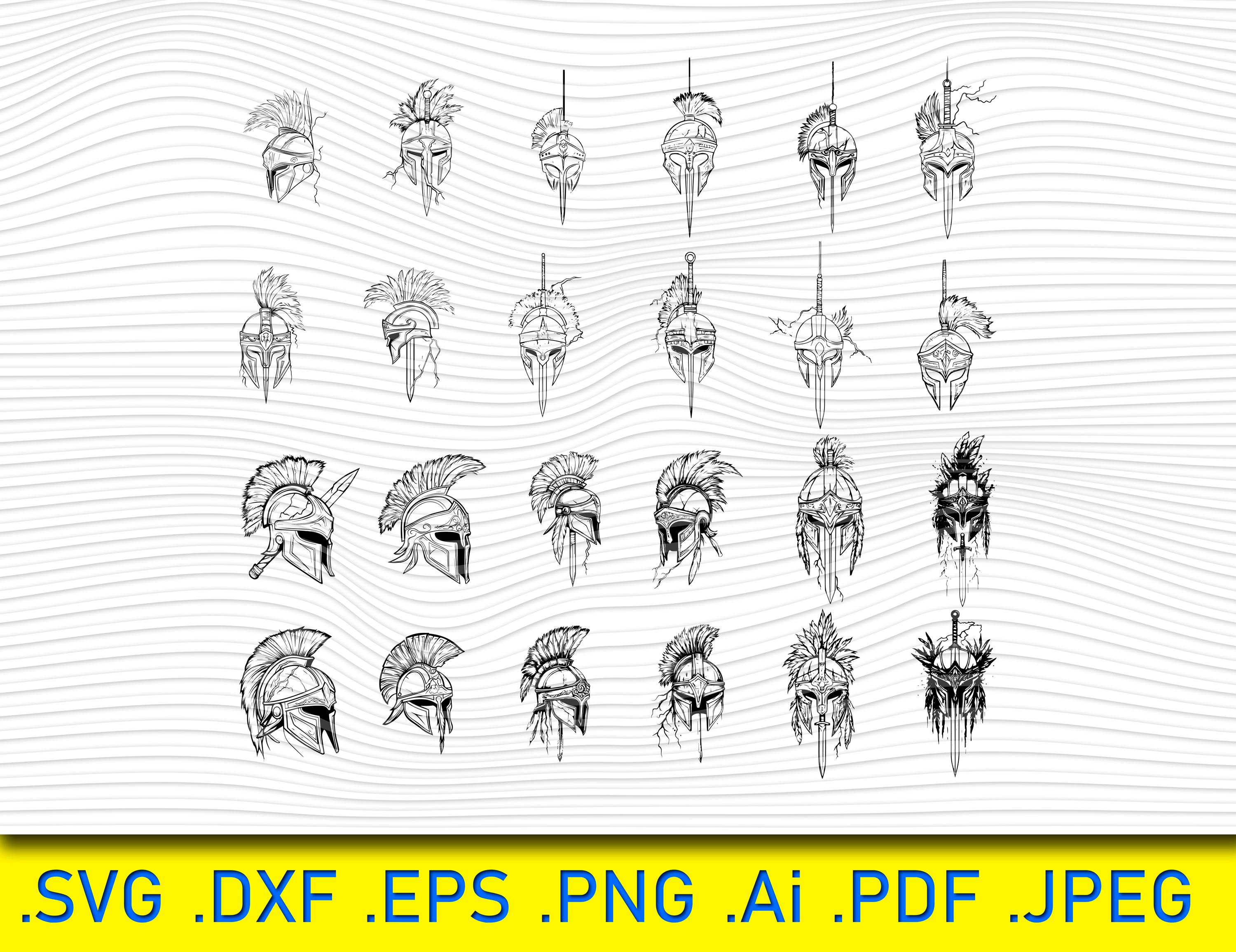 24 DIFFERENT Spartan Helmets, Helmet sketches,spartan helmet,Gladiator,Greece history,swords,helmet logo,clipart,vector gladiator,silhouette