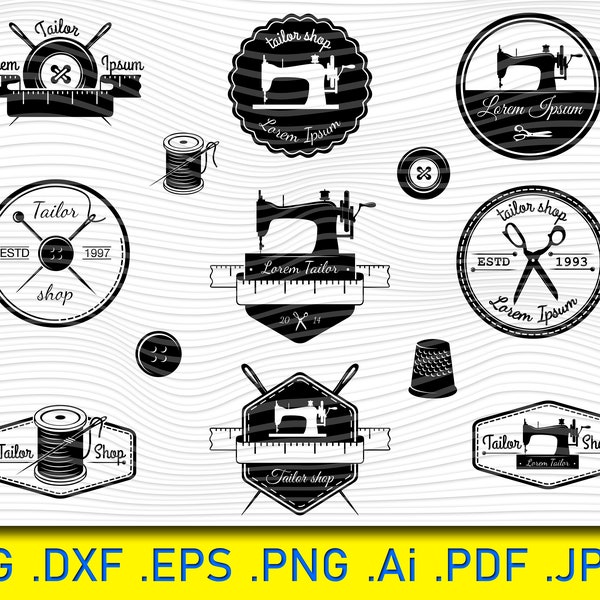 13 Tailor Labels Emblems and Designed Elements, Tailor Shop Theme, Tailor shop labels set, Dressmaker, Seamstress, Mannequin, Sewing machine