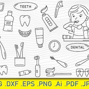 Puede incluir: Ilustración en blanco y negro de línea de artículos de cuidado dental, que incluyen cepillos de dientes, pasta de dientes, hilo dental, enjuague bucal y una persona cepillándose los dientes. El texto "TEETH" y "DENTAL" también se incluye en la imagen.